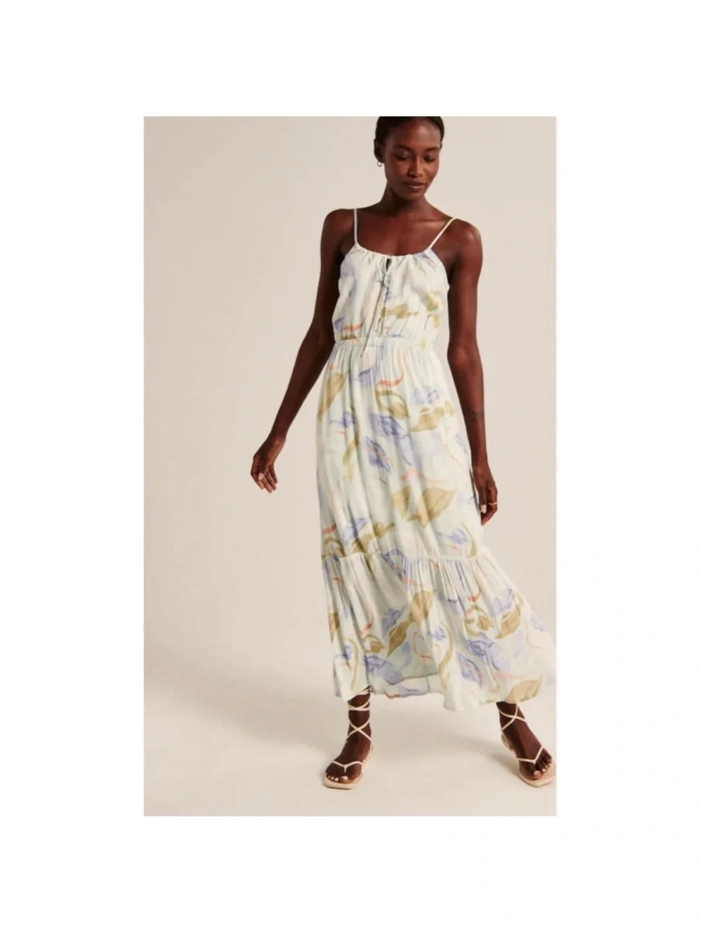 Light Blue Floral Tiered Maxi Dress with Spaghetti Straps